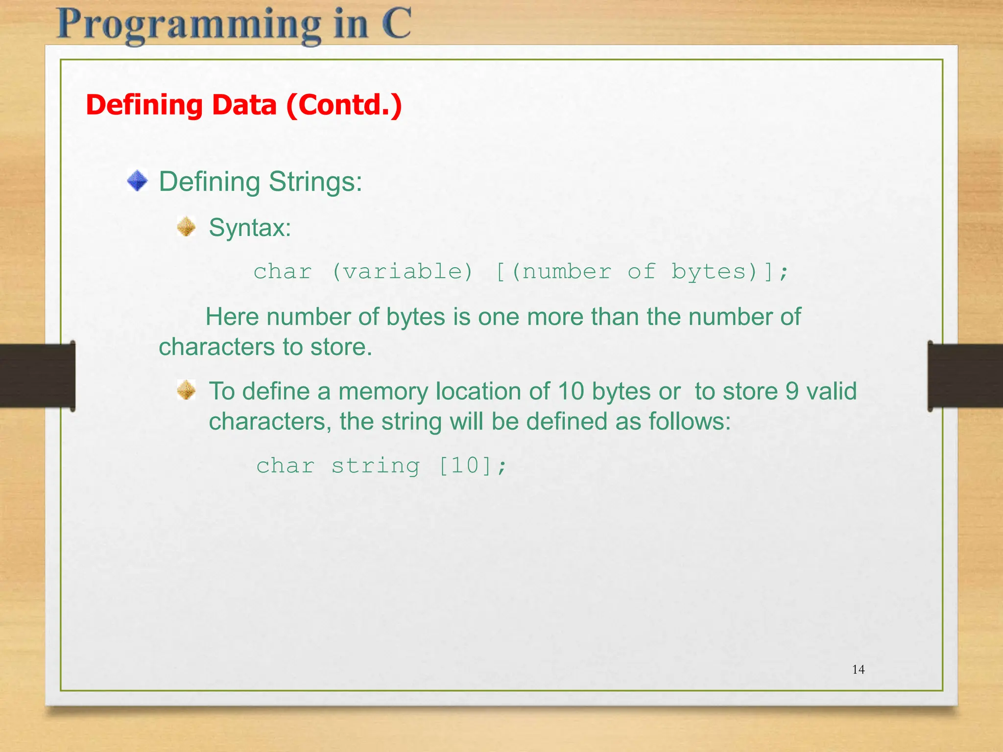 Defining Strings: Syntax: char (variable) [(number of bytes)]; Here number of bytes is one more than the number of characters to store. To define a memory location of 10 bytes or to store 9 valid characters, the string will be defined as follows: char string [10]; Defining Data (Contd.) 14 