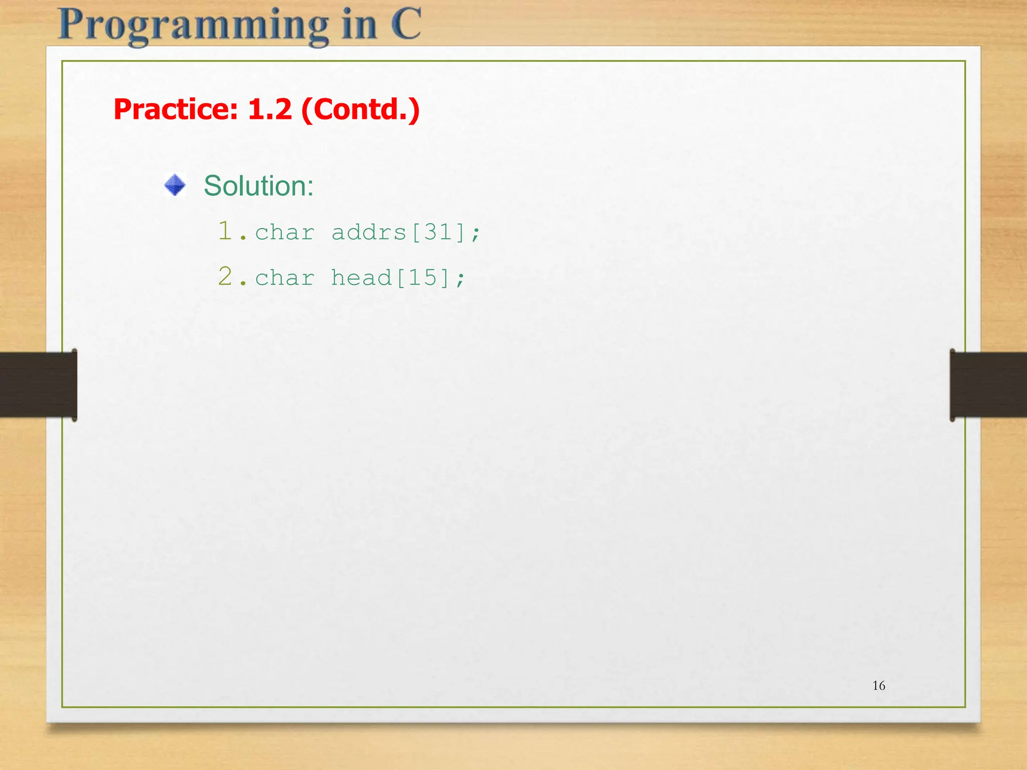 Practice: 1.2 (Contd.) Solution: 1.char addrs[31]; 2.char head[15]; 16 