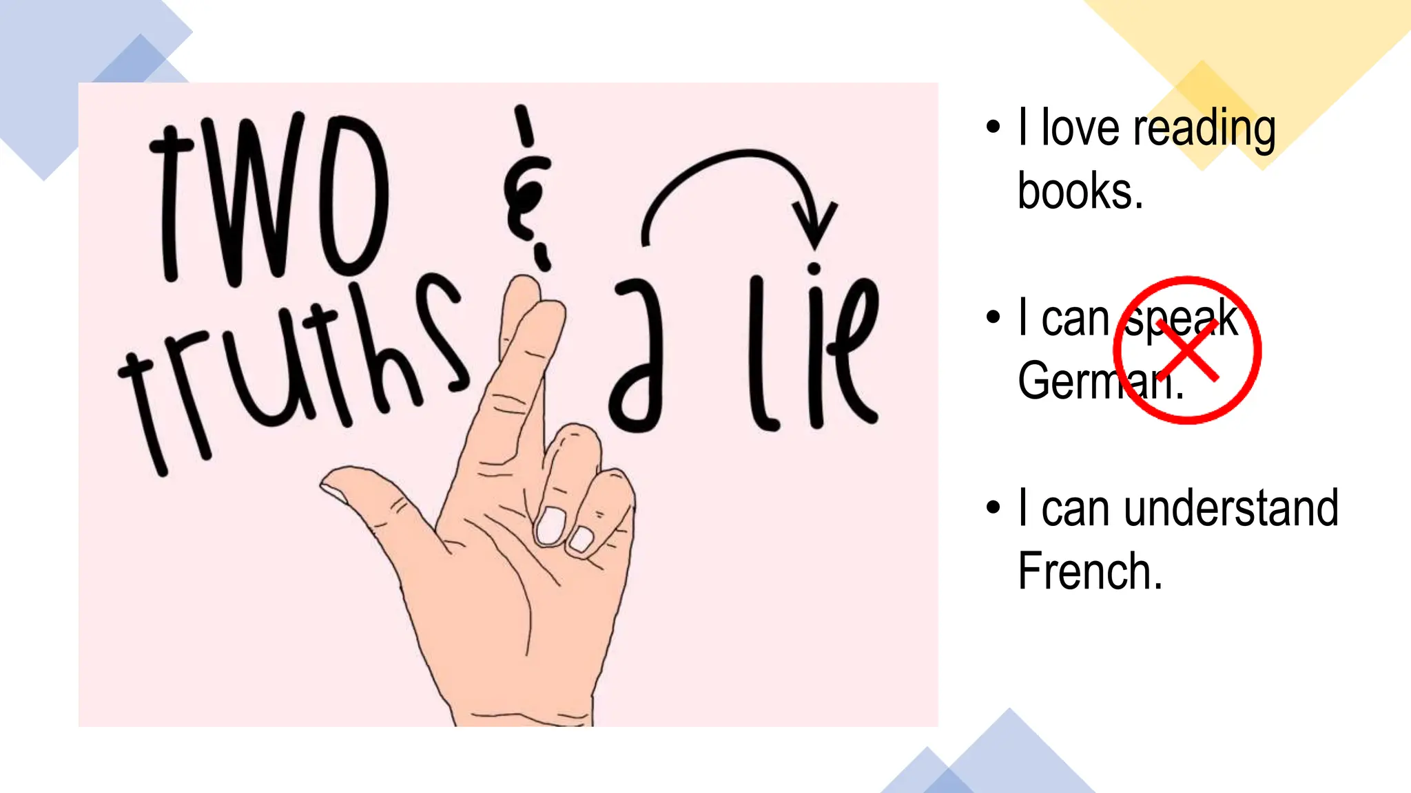 • I love reading
books.
• I can speak
German.
• I can understand
French.