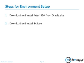 Page 33Classification: Restricted
Steps for Environment Setup
1. Download and install latest JDK from Oracle site
2. Download and install Eclipse
 