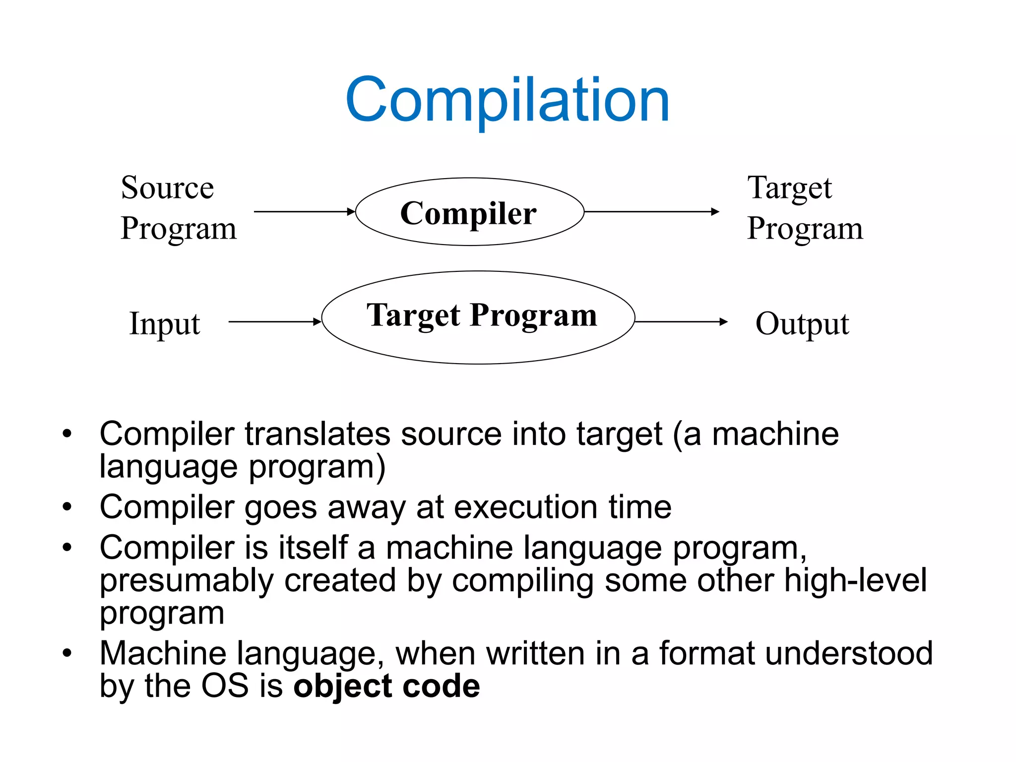 Compilation Compiler Target Program Source Program Target Program Input Output • Compiler translates source into target (a machine language program) • Compiler goes away at execution time • Compiler is itself a machine language program, presumably created by compiling some other high-level program • Machine language, when written in a format understood by the OS is object code 