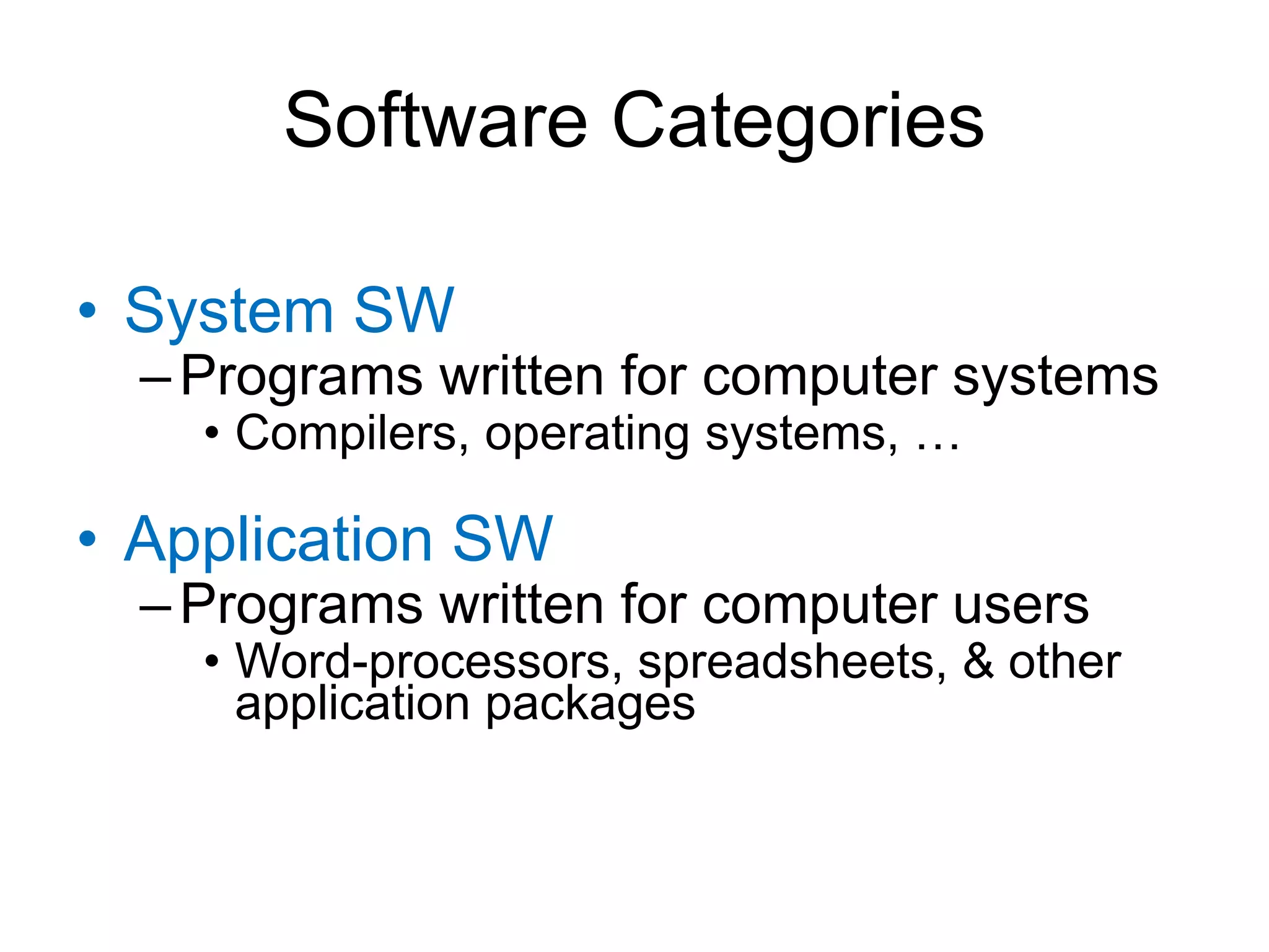 Software Categories • System SW –Programs written for computer systems • Compilers, operating systems, … • Application SW –Programs written for computer users • Word-processors, spreadsheets, & other application packages 