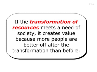 1-11




 If the transformation of
  If the transformation of
resources meets a need of
resources meets a need of
   society, it creates value
   society, it creates value
  because more people are
  because more people are
      better off after the
      better off after the
transformation than before.
transformation than before.
 