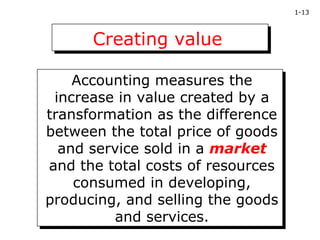 1-13



      Creating value
      Creating value

    Accounting measures the
     Accounting measures the
 increase in value created by a
  increase in value created by a
transformation as the difference
transformation as the difference
between the total price of goods
between the total price of goods
  and service sold in a market
   and service sold in a market
and the total costs of resources
 and the total costs of resources
    consumed in developing,
     consumed in developing,
producing, and selling the goods
producing, and selling the goods
          and services.
          and services.
 