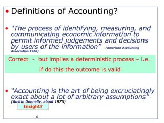 • Definitions of Accounting?

• “The process of identifying, measuring, and
  communicating economic information to
  permit informed judgements and decisions
  by users of the information” (American Accounting
  Association 1966)


 Correct - but implies a deterministic process – i.e.
                      if do this the outcome is valid


• “Accounting is the art of being excruciatingly
  exact about a lot of arbitrary assumptions”
  (Austin Donnelly, about 1975)
         Insight?

                 6
 