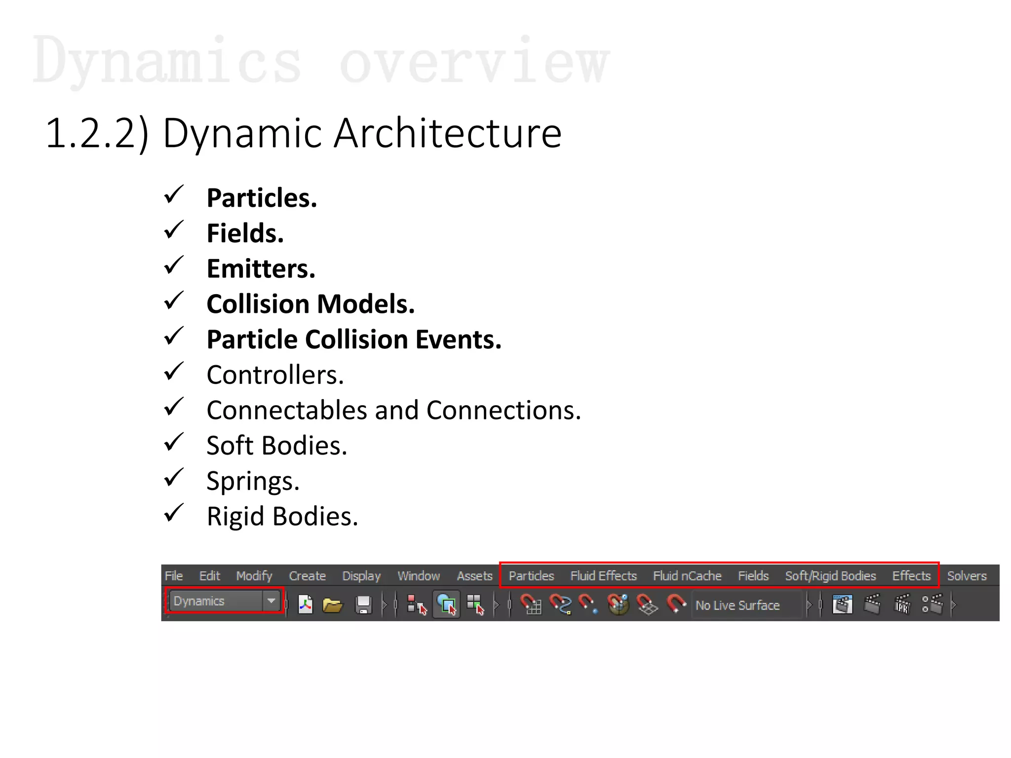 1.2.2) Dynamic Architecture
 Particles.
 Fields.
 Emitters.
 Collision Models.
 Particle Collision Events.
 Controllers.
 Connectables and Connections.
 Soft Bodies.
 Springs.
 Rigid Bodies.
Dynamics overview
 