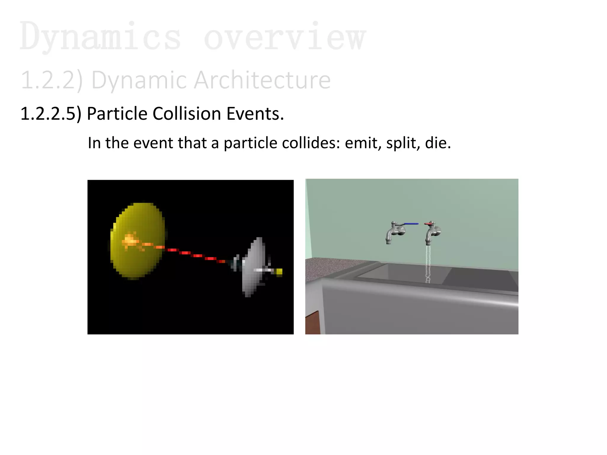 1.2.2) Dynamic Architecture
1.2.2.5) Particle Collision Events.
Dynamics overview
In the event that a particle collides: emit, split, die.
 
