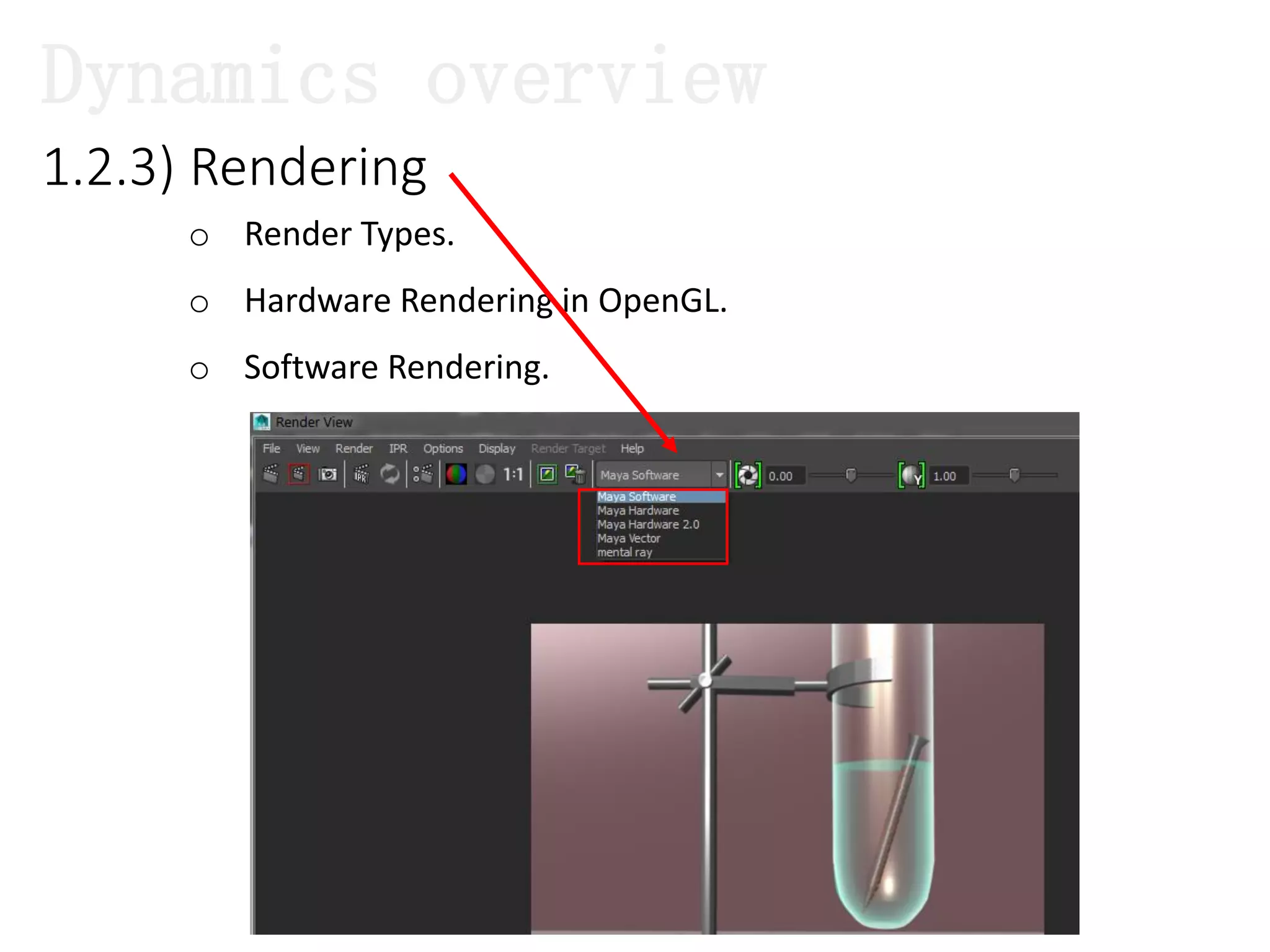 1.2.3) Rendering
o Render Types.
o Hardware Rendering in OpenGL.
o Software Rendering.
Dynamics overview
 