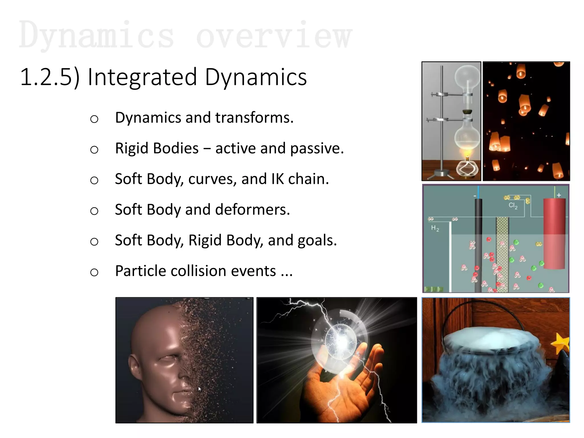 1.2.5) Integrated Dynamics
o Dynamics and transforms.
o Rigid Bodies − active and passive.
o Soft Body, curves, and IK chain.
o Soft Body and deformers.
o Soft Body, Rigid Body, and goals.
o Particle collision events ...
Dynamics overview
 