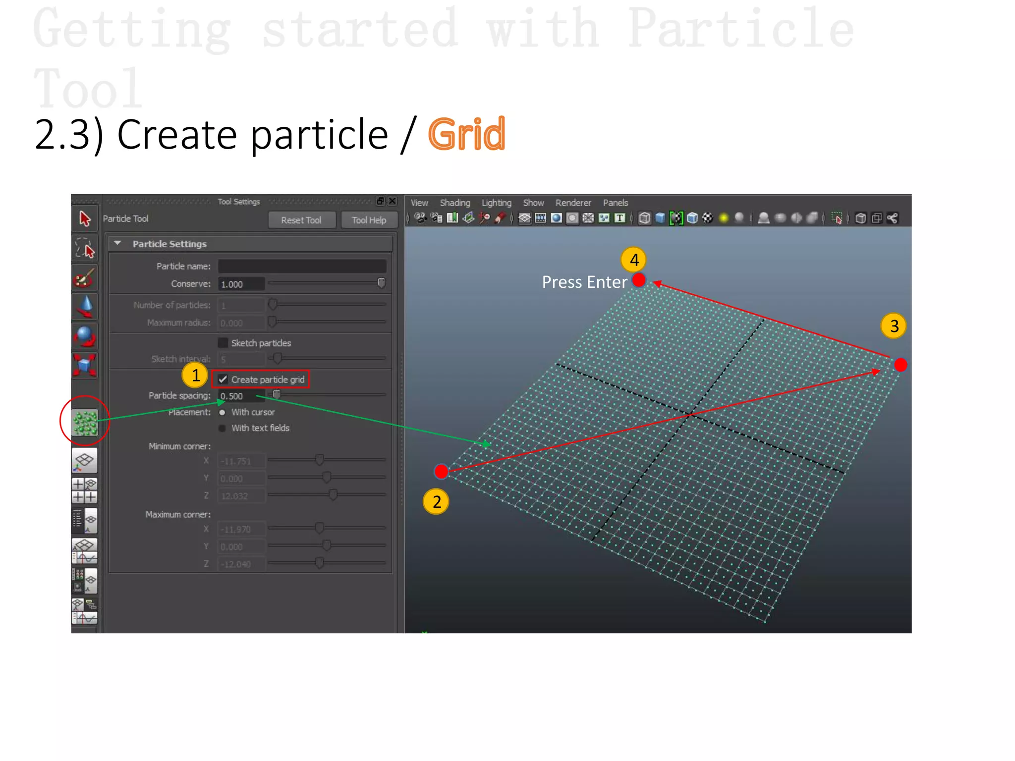 1
2
3
4
Press Enter
2.3) Create particle /
Getting started with Particle
Tool
 