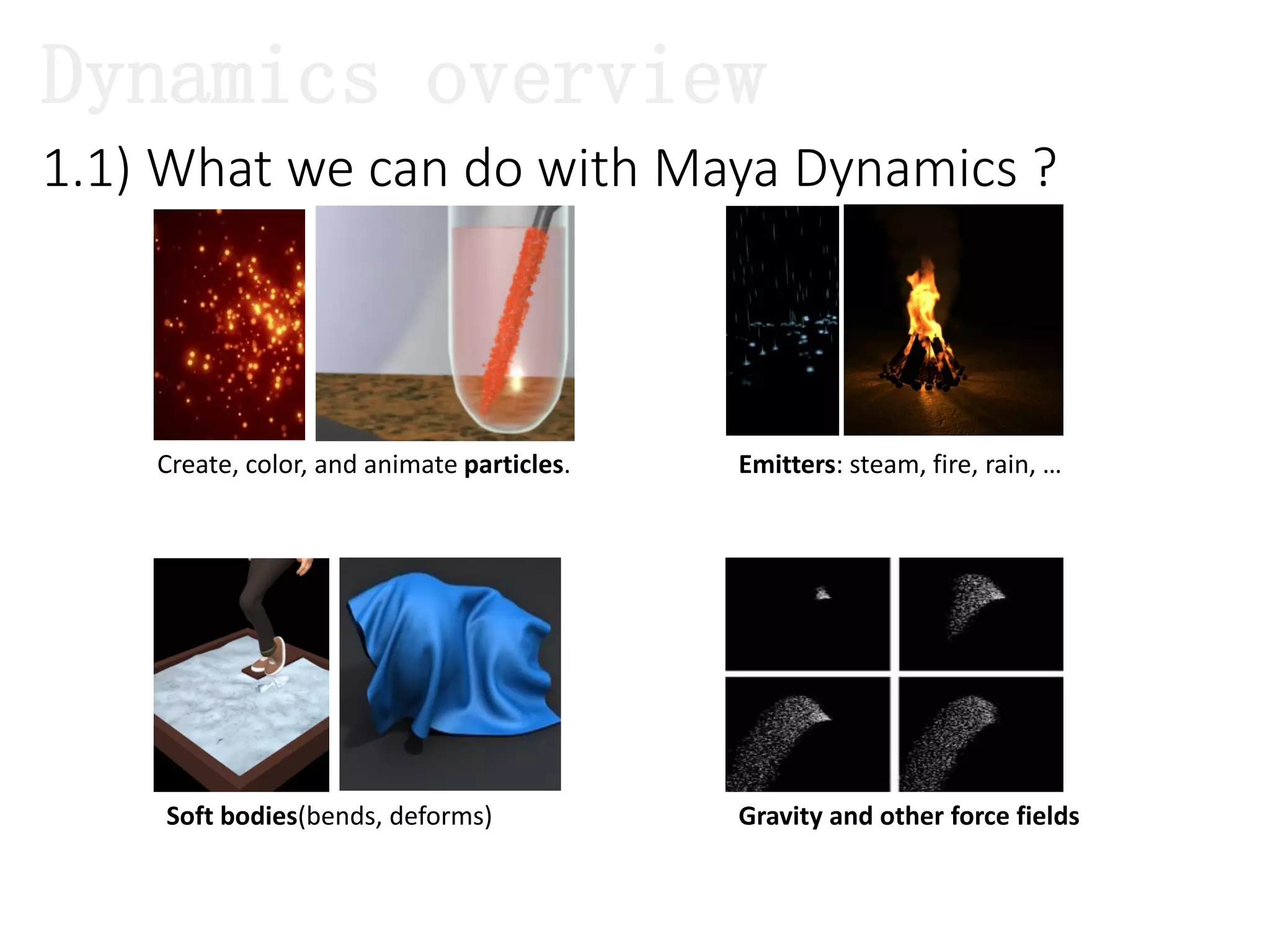 1.1) What we can do with Maya Dynamics ?
Create, color, and animate particles. Emitters: steam, fire, rain, …
Soft bodies(bends, deforms) Gravity and other force fields
Dynamics overview
 