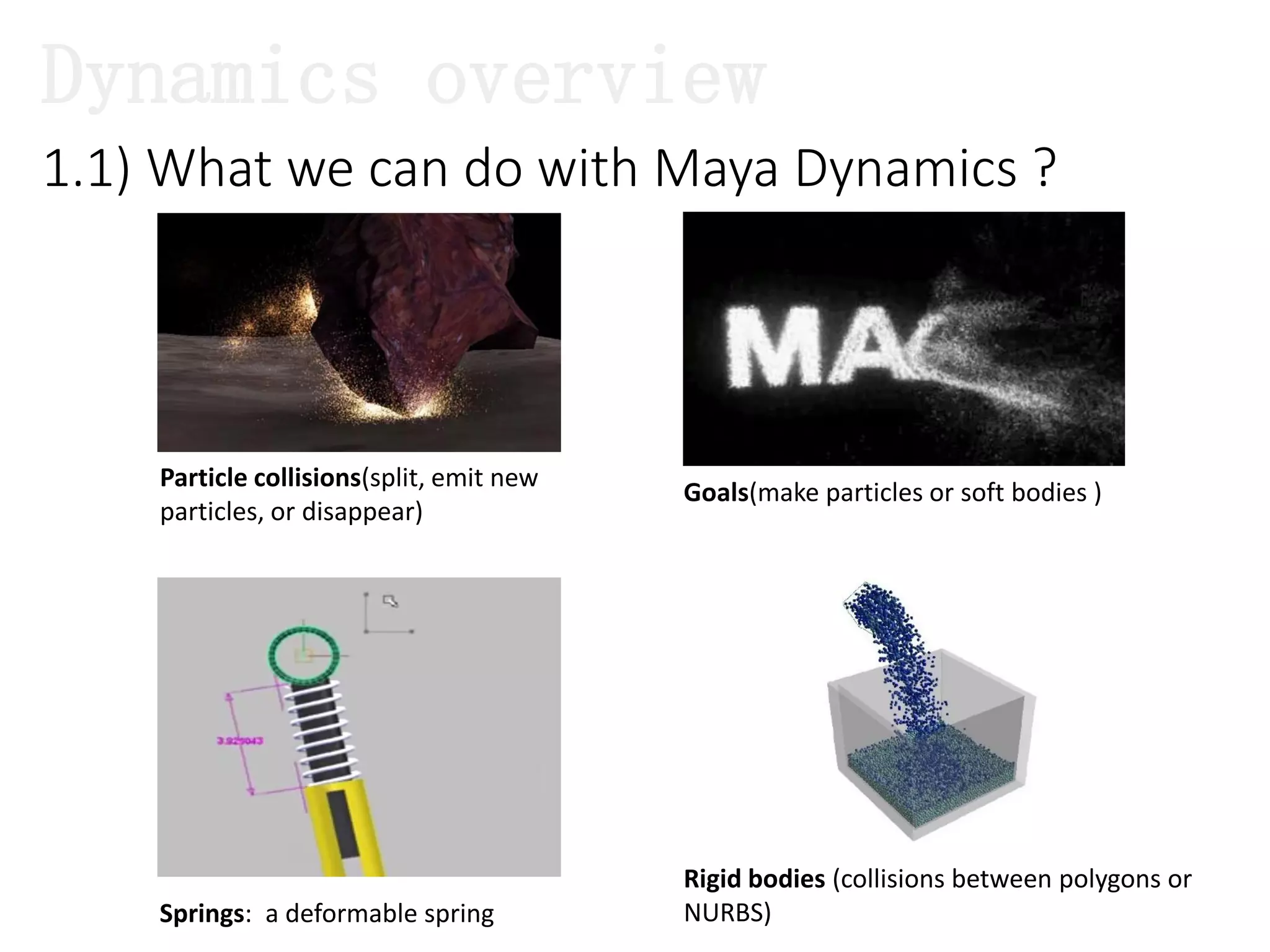 1.1) What we can do with Maya Dynamics ?
Dynamics overview
Particle collisions(split, emit new
particles, or disappear)
Goals(make particles or soft bodies )
Springs: a deformable spring
Rigid bodies (collisions between polygons or
NURBS)
 