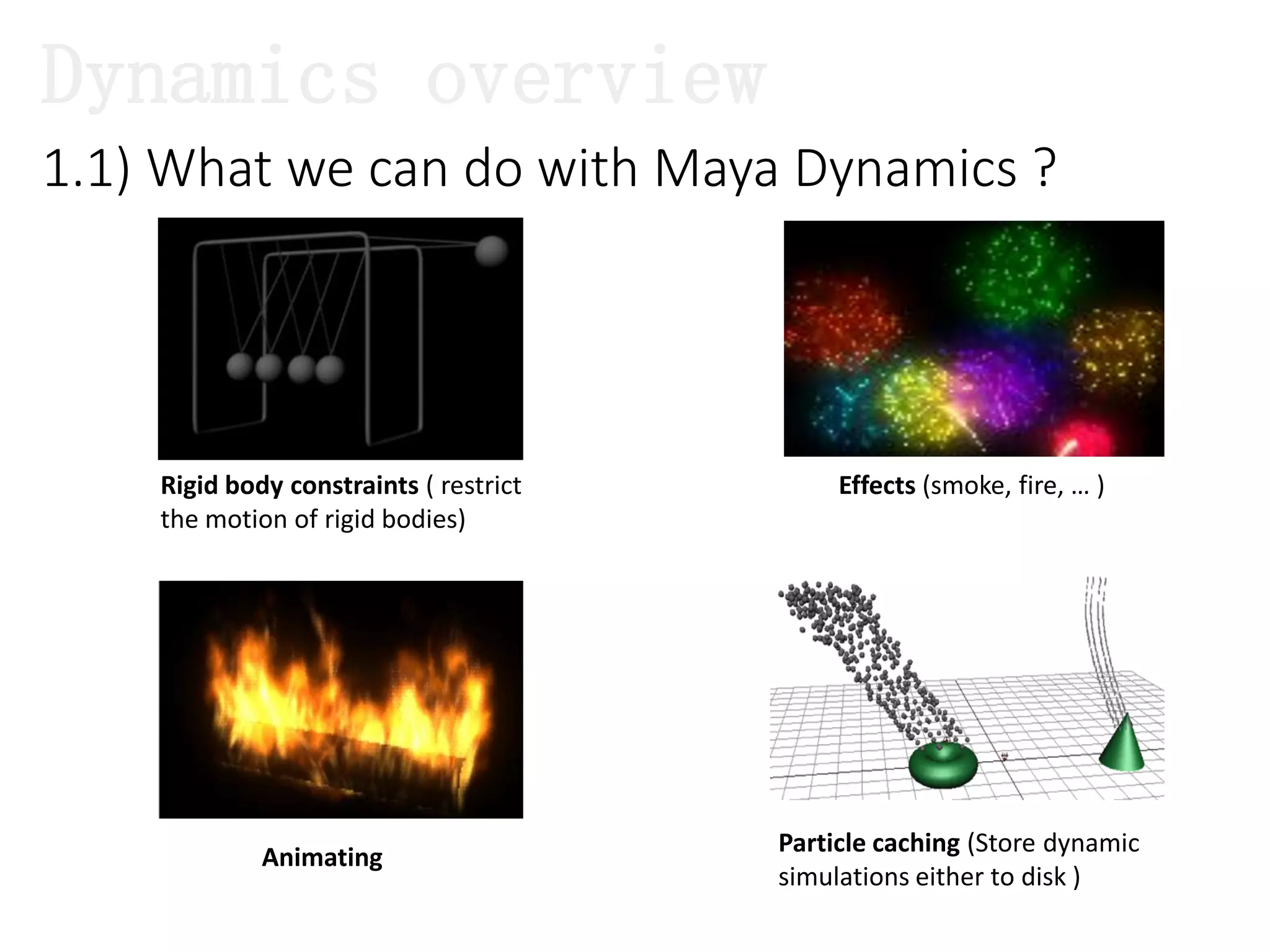 1.1) What we can do with Maya Dynamics ?
Rigid body constraints ( restrict
the motion of rigid bodies)
Effects (smoke, fire, … )
Animating
Particle caching (Store dynamic
simulations either to disk )
Dynamics overview
 