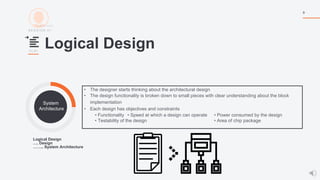 S E S S I O N 0 1
Logical Design
9
V L S I
• The designer starts thinking about the architectural design
• The design functionality is broken down to small pieces with clear understanding about the block
implementation
• Each design has objectives and constraints
• Functionality • Speed at which a design can operate • Power consumed by the design
• Testability of the design • Area of chip package
System
Architecture
Logical Design
…. Design
…….. System Architecture
 