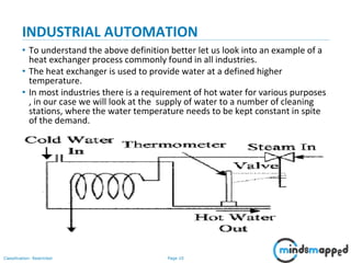 Page 10Classification: Restricted
• To understand the above definition better let us look into an example of a
heat exchanger process commonly found in all industries.
• The heat exchanger is used to provide water at a defined higher
temperature.
• In most industries there is a requirement of hot water for various purposes
, in our case we will look at the supply of water to a number of cleaning
stations, where the water temperature needs to be kept constant in spite
of the demand.
INDUSTRIAL AUTOMATION
 