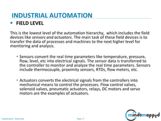Page 17Classification: Restricted
 FIELD LEVEL
This is the lowest level of the automation hierarchy, which includes the field
devices like sensors and actuators. The main task of these field devices is to
transfer the data of processes and machines to the next higher level for
monitoring and analysis.
• Sensors convert the real time parameters like temperature, pressure,
flow, level, etc into electrical signals. The sensor data is transferred to
the controller to monitor and analyze the real time parameters. Sensors
include thermocouple, proximity sensors, RTDs, flow meters, etc.
• Actuators converts the electrical signals from the controllers into
mechanical means to control the processes. Flow control valves,
solenoid valves, pneumatic actuators, relays, DC motors and servo
motors are the examples of actuators.
INDUSTRIAL AUTOMATION
 