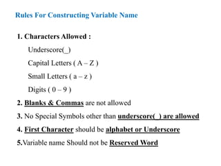 Rules For Constructing Variable Name
1. Characters Allowed :
Underscore(_)
Capital Letters ( A – Z )
Small Letters ( a – z )
Digits ( 0 – 9 )
2. Blanks & Commas are not allowed
3. No Special Symbols other than underscore(_) are allowed
4. First Character should be alphabet or Underscore
5.Variable name Should not be Reserved Word
 