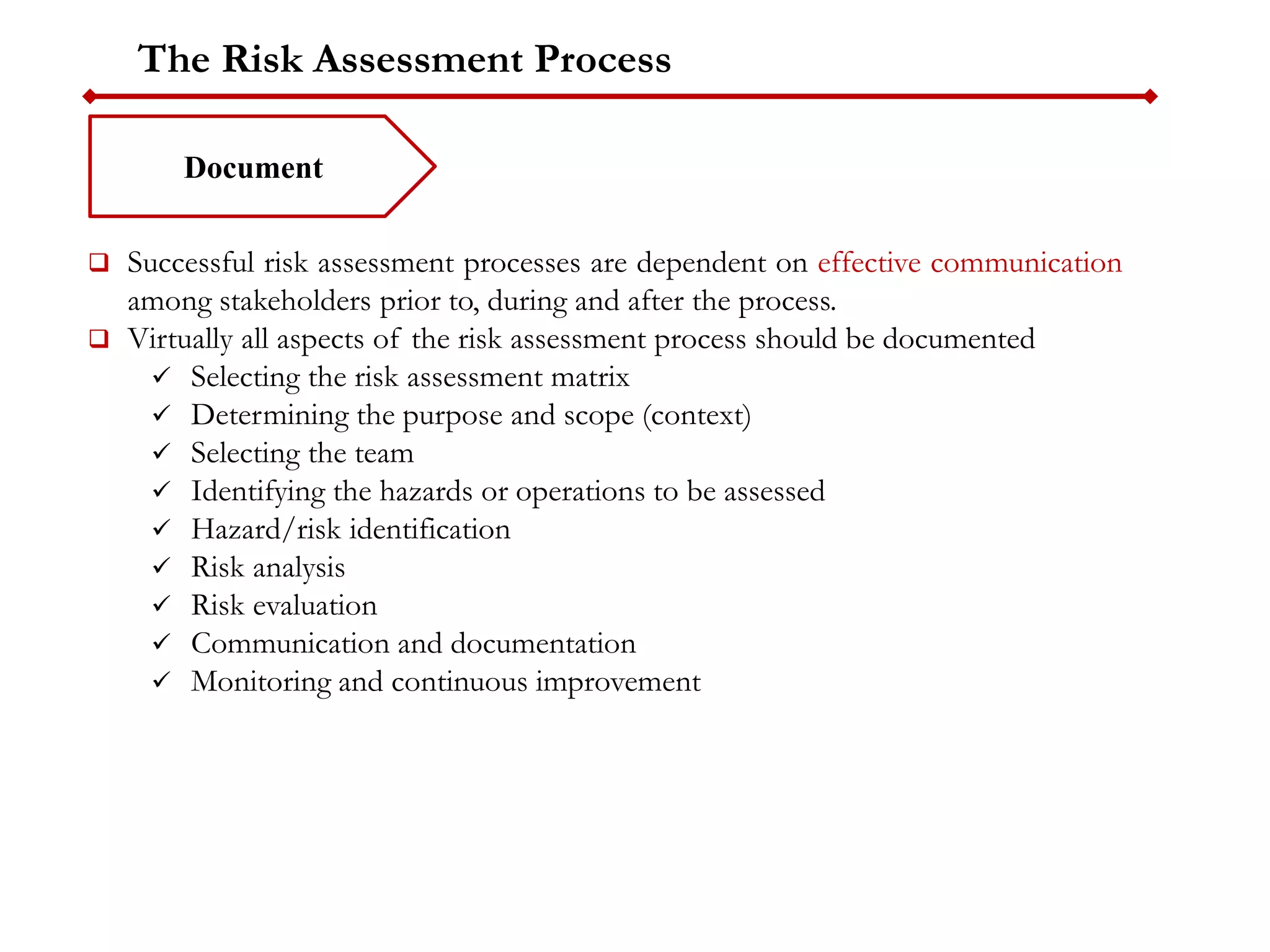 The Risk Assessment Process
Document
 Successful risk assessment processes are dependent on effective communication
among stakeholders prior to, during and after the process.
 Virtually all aspects of the risk assessment process should be documented
 Selecting the risk assessment matrix
 Determining the purpose and scope (context)
 Selecting the team
 Identifying the hazards or operations to be assessed
 Hazard/risk identification
 Risk analysis
 Risk evaluation
 Communication and documentation
 Monitoring and continuous improvement
 