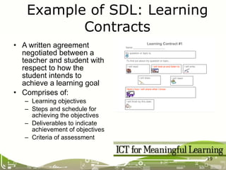 A written agreement negotiated between a teacher and student with respect to how the student intends to achieve a learning goal Comprises of: Learning objectives Steps and schedule for achieving the objectives Deliverables to indicate achievement of objectives Criteria of assessment Example of SDL: Learning Contracts 