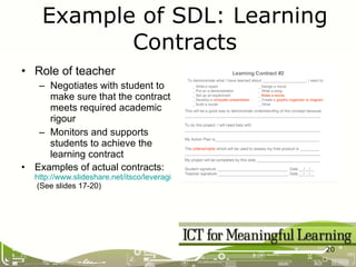 Role of teacher Negotiates with student to make sure that the contract meets required academic rigour Monitors and supports students to achieve the learning contract Examples of actual contracts:  http://www.slideshare.net/itsco/leveraging-technology-to-differentiate-instruction  (See slides 17-20) Example of SDL: Learning Contracts 
