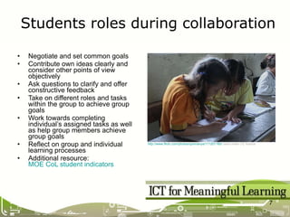 Negotiate and set common goals  Contribute own ideas clearly and consider other points of view objectively Ask questions to clarify and offer constructive feedback Take on different roles and tasks within the group to achieve group goals Work towards completing individual’s assigned tasks as well as help group members achieve group goals  Reflect on group and individual learning processes Additional resource:  MOE CoL student indicators Students roles during collaboration  http://www.flickr.com/photos/quinnanya/111201180/   used under CC licence   
