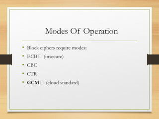 Modes Of Operation
• Block ciphers require modes:
• ECB ❌ (insecure)
• CBC
• CTR
• GCM ✅ (cloud standard)
 