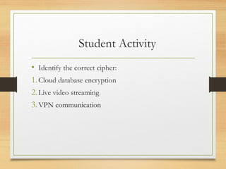 Student Activity
• Identify the correct cipher:
1.Cloud database encryption
2.Live video streaming
3.VPN communication
 