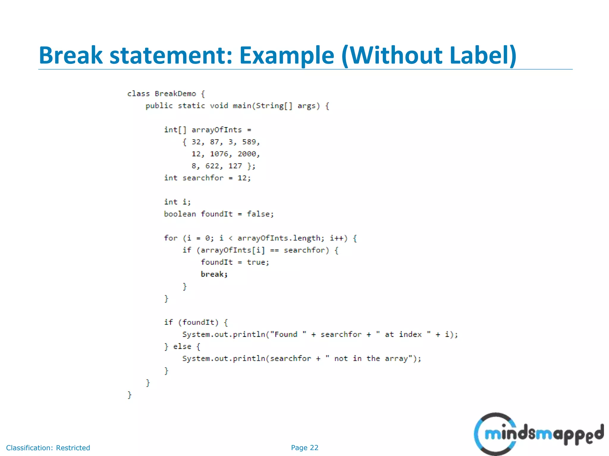 Page 22Classification: Restricted Break statement: Example (Without Label) 
