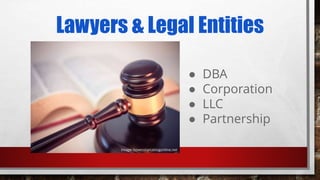 Lawyers & Legal Entities
● DBA
● Corporation
● LLC
● Partnership
Image: howtostartablogonline.net
 
