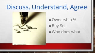 Discuss, Understand, Agree
■ Ownership %
■ Buy-Sell
■ Who does what
 