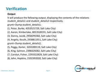 Page 9Classification: Restricted
Verification
Output
It will produce the following output, displaying the contents of the relations
student_details1 and student_details2 respectively.
grunt> Dump student_details1;
(1, Peter, Burke, 4353521729, Salt Lake City)
(2, Aaron, Kimberlake, 8013528191, Salt Lake City)
(3, Danny, Jacob, 2958295582, Salt Lake City)
(4, Angela, Kouth, 2938811911, Salt Lake City)
grunt> Dump student_details2;
(5, Peggy, Karter, 3202289119, Salt Lake City)
(6, King, Salmon, 2398329282, Salt Lake City)
(7, Carolyn, Fisher, 2293322829, Salt Lake City)
(8, John, Hopkins, 2102392020, Salt Lake City)
 