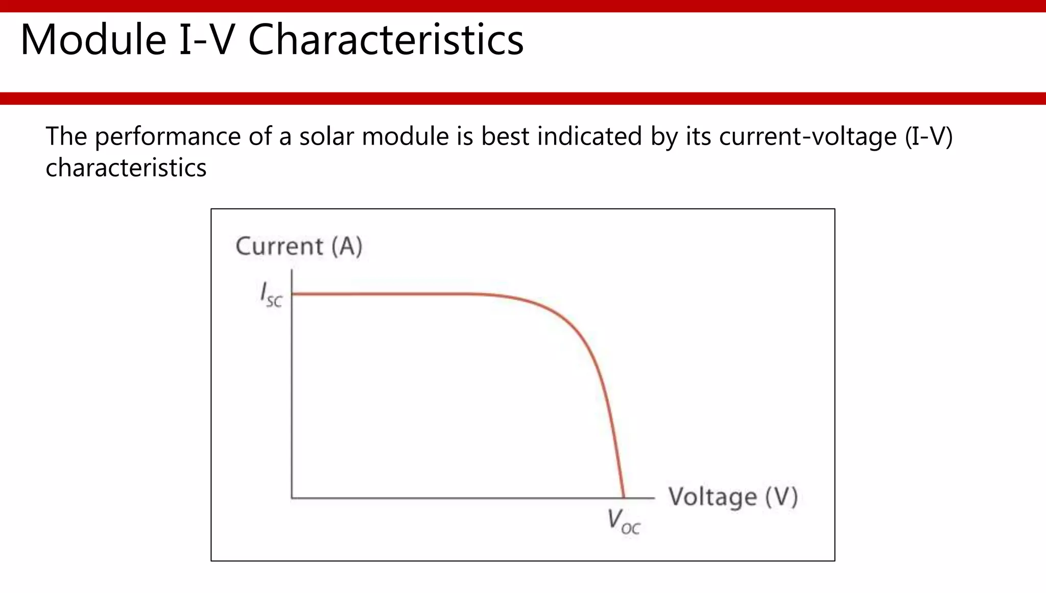 Module I-V Characteristics
The performance of a solar module is best indicated by its current-voltage (I-V)
characteristics
 