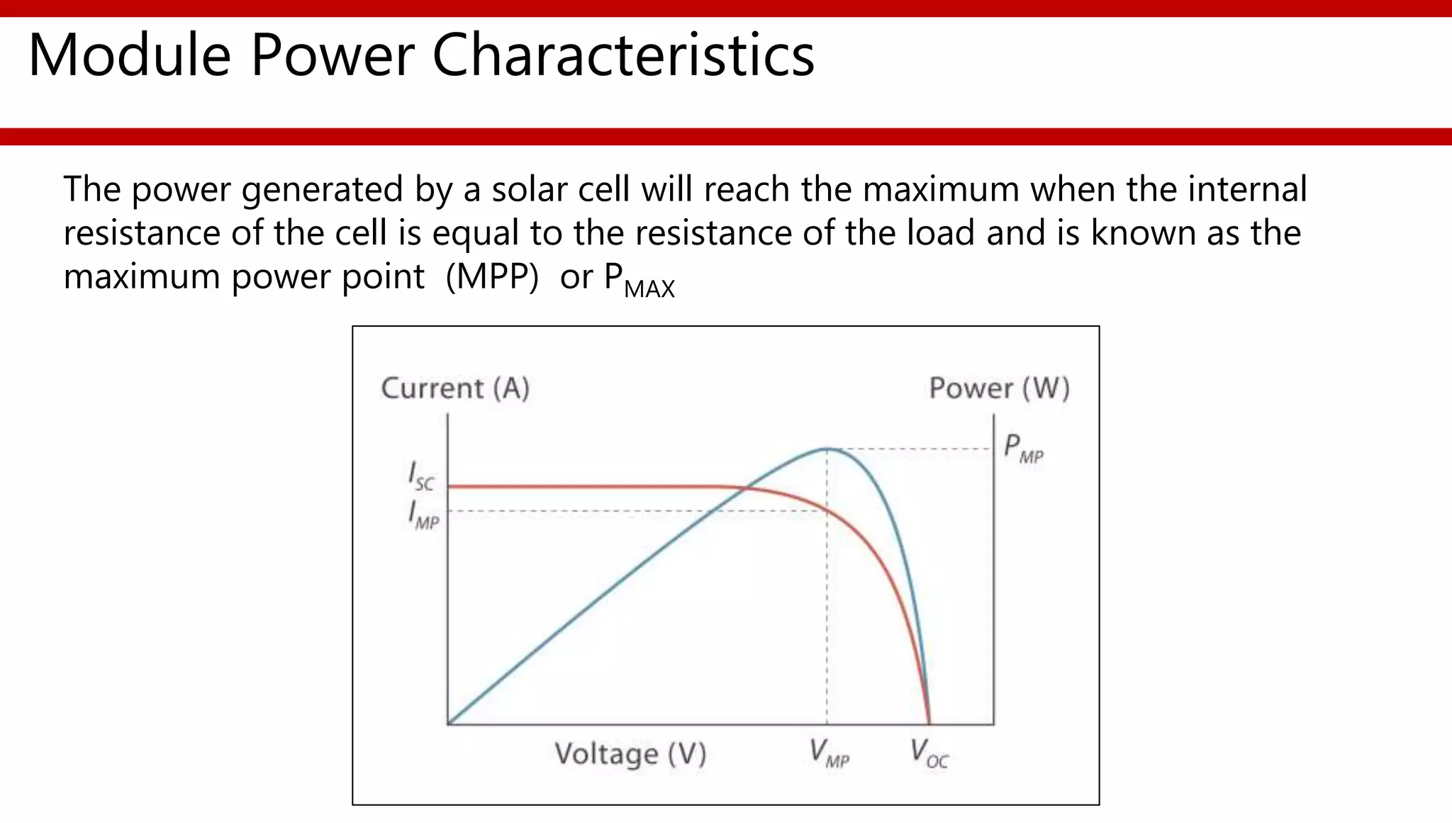 Module Power Characteristics
The power generated by a solar cell will reach the maximum when the internal
resistance of the cell is equal to the resistance of the load and is known as the
maximum power point (MPP) or PMAX
 