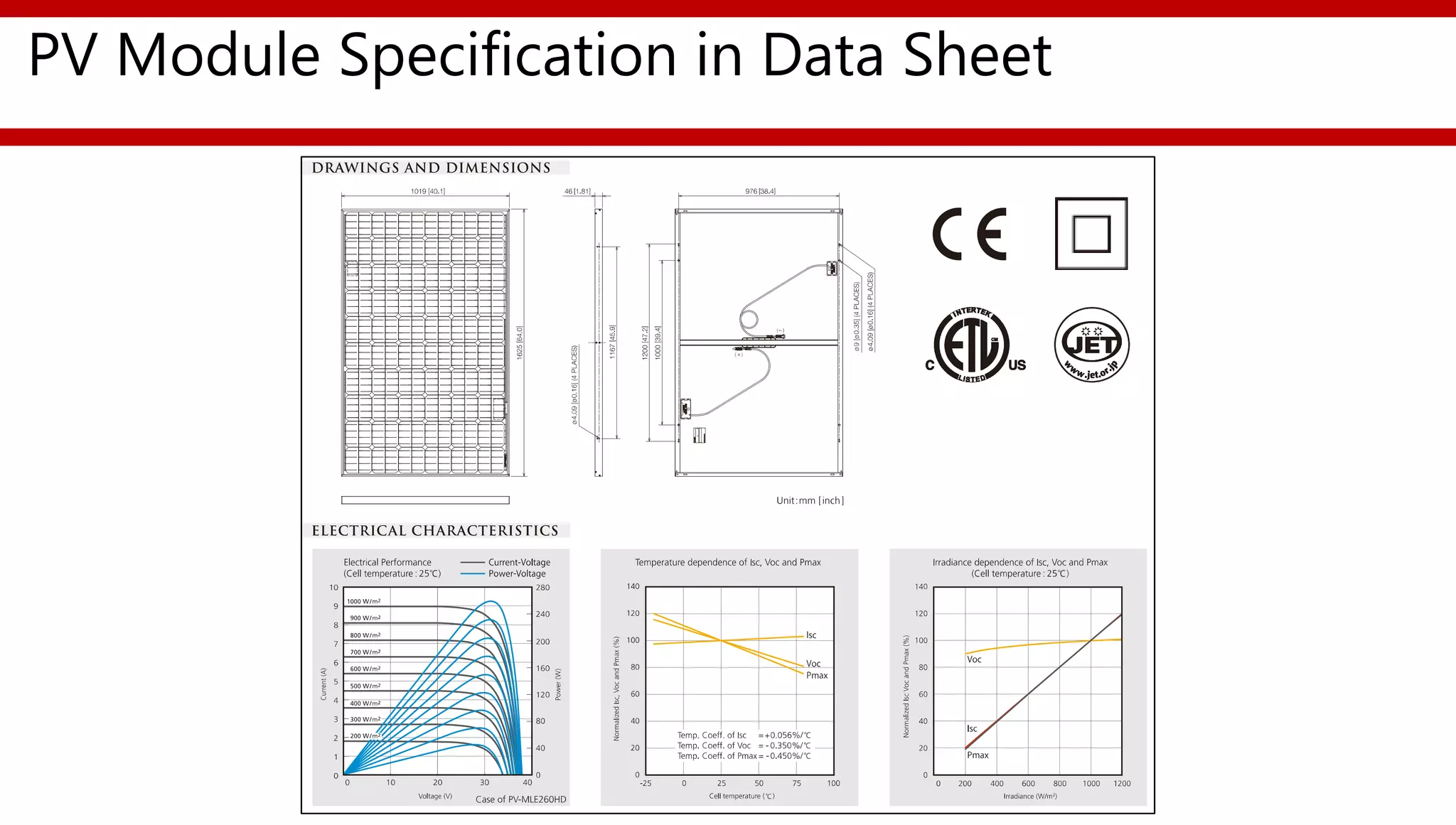 PV Module Specification in Data Sheet
 