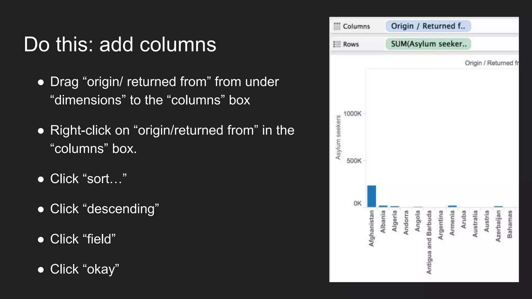 Do this: add columns
● Drag “origin/ returned from” from under
“dimensions” to the “columns” box
● Right-click on “origin/returned from” in the
“columns” box.
● Click “sort…”
● Click “descending”
● Click “field”
● Click “okay”
 