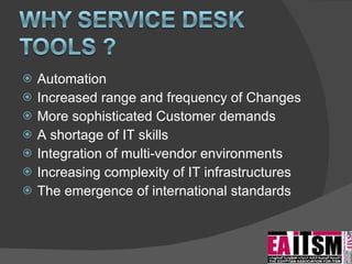 Automation Increased range and frequency of Changes More sophisticated Customer demands A shortage of IT skills Integration of multi-vendor environments Increasing complexity of IT infrastructures The emergence of international standards 