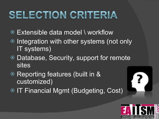 Extensible data model \ workflow Integration with other systems (not only IT systems) Database, Security, support for remote sites Reporting features (built in & customized) IT Financial Mgmt (Budgeting, Cost) 