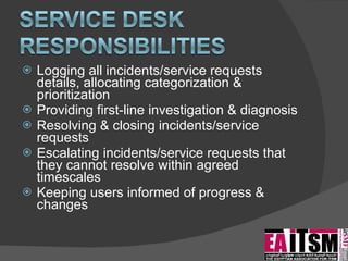 Logging all incidents/service requests details, allocating categorization & prioritization Providing first-line investigation & diagnosis Resolving & closing incidents/service requests Escalating incidents/service requests that they cannot resolve within agreed timescales Keeping users informed of progress & changes 