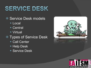 Service Desk models Local Central Virtual Types of Service Desk Call Center Help Desk Service Desk 