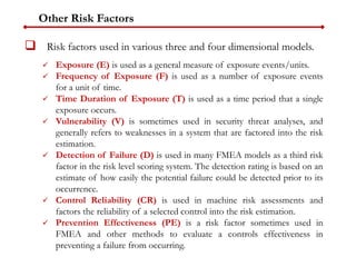 Other Risk Factors
 Risk factors used in various three and four dimensional models.
 Exposure (E) is used as a general measure of exposure events/units.
 Frequency of Exposure (F) is used as a number of exposure events
for a unit of time.
 Time Duration of Exposure (T) is used as a time period that a single
exposure occurs.
 Vulnerability (V) is sometimes used in security threat analyses, and
generally refers to weaknesses in a system that are factored into the risk
estimation.
 Detection of Failure (D) is used in many FMEA models as a third risk
factor in the risk level scoring system. The detection rating is based on an
estimate of how easily the potential failure could be detected prior to its
occurrence.
 Control Reliability (CR) is used in machine risk assessments and
factors the reliability of a selected control into the risk estimation.
 Prevention Effectiveness (PE) is a risk factor sometimes used in
FMEA and other methods to evaluate a controls effectiveness in
preventing a failure from occurring.
 
