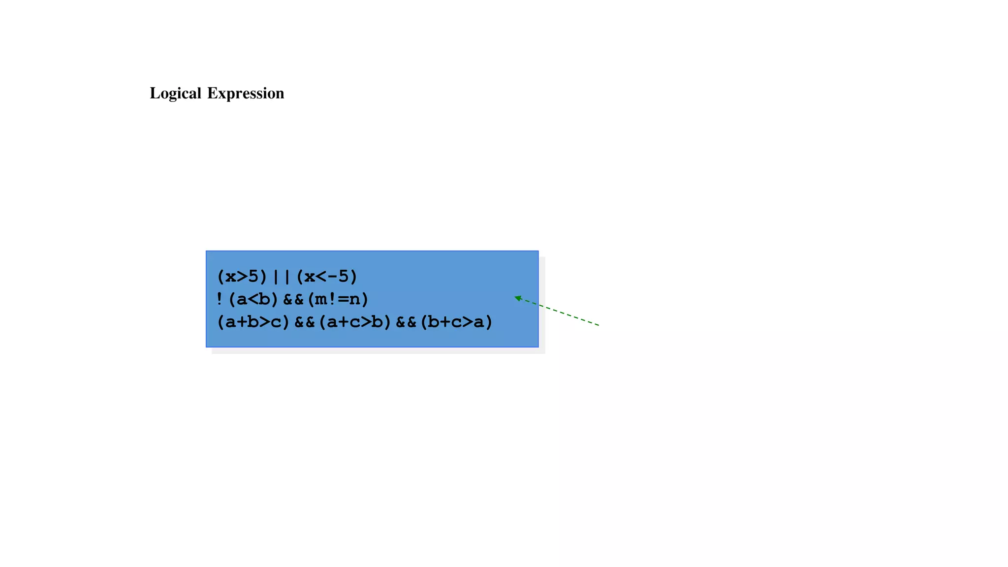 Logical Expression
(x>5)||(x<-5)
!(a<b)&&(m!=n)
(a+b>c)&&(a+c>b)&&(b+c>a)
 