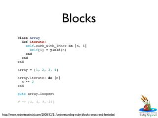 Blocks
           class Array
             def iterate!
               self.each_with_index do |n, i|
                 self[i] = yield(n)
               end
             end
           end

           array = [1, 2, 3, 4]

           array.iterate! do |n|
             n ** 2
           end

           puts array.inspect

           # => [1, 4, 9, 16]


http://www.robertsosinski.com/2008/12/21/understanding-ruby-blocks-procs-and-lambdas/
 