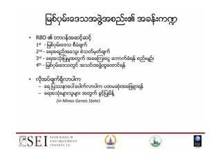 ျမစ္၀ွမ္းေဒသအဖဲြ႔အစည္း၏ အခန္းက႑
• RBO ၏ တာ၀န္အဆင့္ဆင့္
1st - ျမစ္၀ွမ္းေဒသ စီမံခ်က္
2nd - ေရအရည္အေသြး စံသတ္မွတ္ခ်က္
3rd - ေရအသံုးျပဳမႈအတြက္ အခေၾကးေငြ ေကာက္ခံရန္ စည္းမ်ဥ္း
4th - ျမစ္၀ွမ္းေဒသတြင္ အသင္းအဖဲြ႔ထူေထာင္ရန္
• လုိအပ္ခ်က္ရွိလာပါက• လုိအပ္ခ်က္ရွိလာပါက
– ေရ ျပႆနာေပၚေပါက္လာပါက ပထမဆံုးအေျဖရွာရန္
– ေရအသံုးမ်ားသူမ်ား အတြက္ ခြင့္ျပဳမိန္႔
9
(in Minas Gerais State)
 