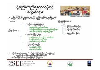 • အဖဲြ႔၀င္ပါ၀င္မႈမွ်တေစရန္ စည္းကမ္းေရးဆဲြထား
Example:
ဖဲြ႔စည္းတည္ေဆာက္ပံုႏွင့္
အဖဲြ႔၀င္မ်ား
Members of Verde Grande RBO
• ေရအသံုးျပဳသူမ်ား
• အစိုးရ အဖဲြ႔အစည္းမ်ား
• ႏိုင္ငံေတာ္အစိုးရ
• ျပည္နယ္အစိုးရ
• စည္ပင္အဖဲြ႔မ်ား
ညီမွ်စြာခဲြေ၀ထား
ညီမွ်စြာခဲြေ၀ထား
ေရစီမံခန္႔ခဲြမႈ အဖဲြ႔အစည္းမ်ား
စိုက္ပ်ဳိးေရးဖြ႔ံၿဖိဳးတိုးတက္ေရးအဖဲြ႔အစည္းမ်ား
ပတ္၀န္းက်င္ဆိုင္ရာ အဖဲြ႔အစည္းမ်ား
• ေရအသံုးျပဳသူမ်ား
• လူထုအဖဲြ႔အစည္း
6
• အဖဲြ႔၀င္အတြင္းေရြးေကာက္တင္ေျမွာက္ျခင္းႏွင့္ ဦးတည္သည့္က႑
• အလွည့္က် ႏွင့္ ျပန္လည္ျပင္ဆင္ျခင္း ျပဳလုပ္ႏိုင္
• ေကာ္မတီခဲြမ်ားႏွင့္အလုပ္အဖဲြ႔မ်ားျဖင့္ ဖဲြ႔စည္းထား
ဆည္ေရေသာက္ လယ္သမားအဖဲြ႔မ်ား
ေရအားလွ်ပ္စစ္ကုမၸဏီမ်ား
ေရပံ႔ပိုးေပးေသာ အဖဲြ႔မ်ား
ေဒသတြင္း NGOs
လူမႈအသင္းအဖဲြ႔မ်ား
 