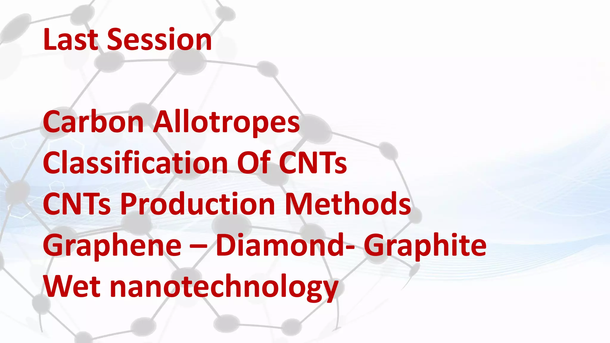 Last Session
Carbon Allotropes
Classification Of CNTs
CNTs Production Methods
Graphene – Diamond- Graphite
Wet nanotechnology
 