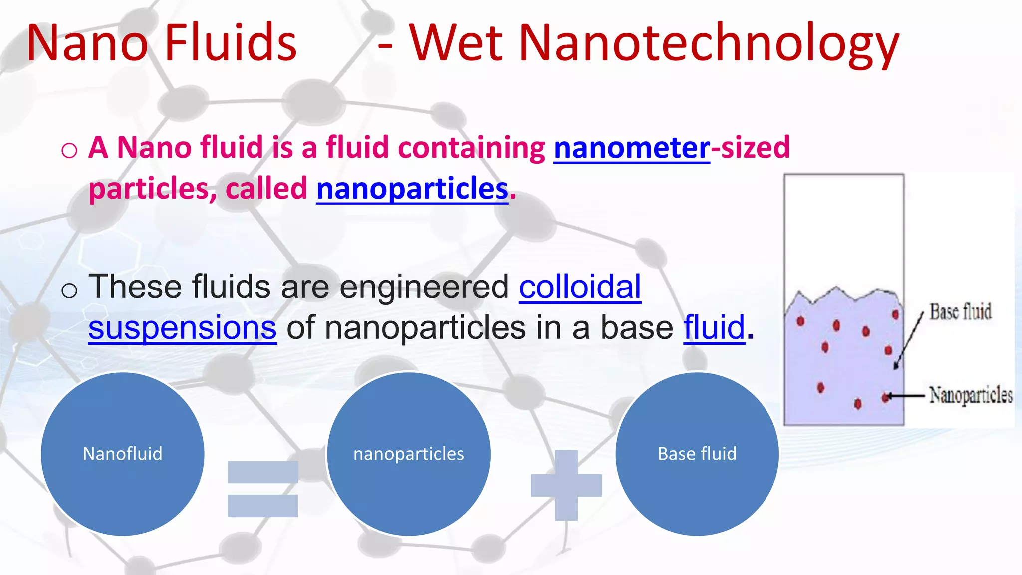 Nano Fluids - Wet Nanotechnology
o A Nano fluid is a fluid containing nanometer-sized
particles, called nanoparticles.
o These fluids are engineered colloidal
suspensions of nanoparticles in a base fluid.
Nanofluid nanoparticles Base fluid
 