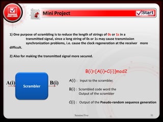 Mini Project


 • Click to edit Master text styles
 1) One purpose of scrambling is to reduce the length of strings of 0s or 1s in a
            transmitted signal, since a long string of 0s or 1s may cause transmission
       – Second level
            synchronization problems, i.e. cause the clock regeneration at the receiver more
 difficult.
           • Third level
 2) Also for making the transmitted signal more secured.
                 – Fourth level
                     » Fifth level
                                                    B(i)=[A(i)+C(i)]mod2
                                        A(i) : Input to the scrambler.
A(i)                       B(i)
          Scrambler
                                        B(i) : Scrambled code word the
                                               Output of the scrambler

                                        C(i) : Output of the Pseudo-random sequence generation


                                           Session Five                                        31
 