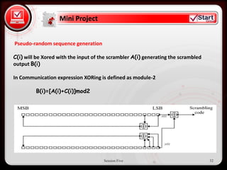 Mini Project


Pseudo-random sequence generation
• Click to edit Master text styles
C(i) will be Xored with the input of the scrambler A(i) generating the scrambled
     – Second level
output B(i)
         • Third level
In Communication expression XORing is defined as module-2
              – Fourth level
         B(i)=[A(i)+C(i)]mod2
                  » Fifth level




                                      Session Five                                 32
 