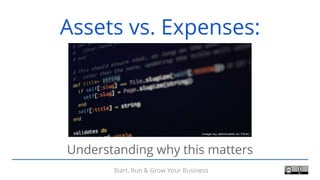 Start, Run & Grow Your Business
Assets vs. Expenses:
Understanding why this matters
 