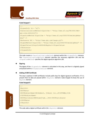 V 1.0 © Aptech Limited
The code adds a digital certificate within the <KeyInfo> element.
<X509SubjectName>CN=Robbert, O=Excel Inc.,ST=OTTAWA,C=CA
</X509SubjectName>
<X509Certificate>MXYZjabcO+gA ...D56</X509Certificate>
</X509Data>
</KeyInfo>
<KeyInfo>
<X509Data>
Code Snippet 8:
-+ Adding X.SOgCertificate
The step is optional. X.509 certificates include public keys for digital signature verification. If it is
present then its data are placed within <KeyInfo> element. Code Snippet 8 shows the use of
KeyInfo element.
-+ Signing
The digest of the <SignedInfo> element is calculated in this step, and then it is digitally signed
and placed within a <SignatureValue> element.
The code creates a <CanonicalizationMethod> element within the <SignedInfo> element.
The <CanonicalizationMethod> element specifies the necessary algorithm URI and the
<SignatureMethod> specifies the digital signature algorithm URI.
<DigestValue>j6lxyz3rvEPOOvKtMup4ur=</DigestValue>
</Reference>
</SignedInfo>
<SignatureMethod Algorithm
shalu />
<Reference URI = "http://www.abc.com/image.gifu>
<DigestMethod Algorithm = "http://www.w3.org/2000/09/xmldsig#shalU />
"http://www.w3.org/2000/09/xmldsig#dsa-
"http://www.w3.org/TR/2001/REC-
<SignedInfo Id = "slu>
<CanonicalizationMethod Algorithm
xml-c14n-20010315u/>
Code Snippet 7:
Unleash your potential
Handling XML Data
TM
Apfech ::~
COMPUTEREDUCATION
 